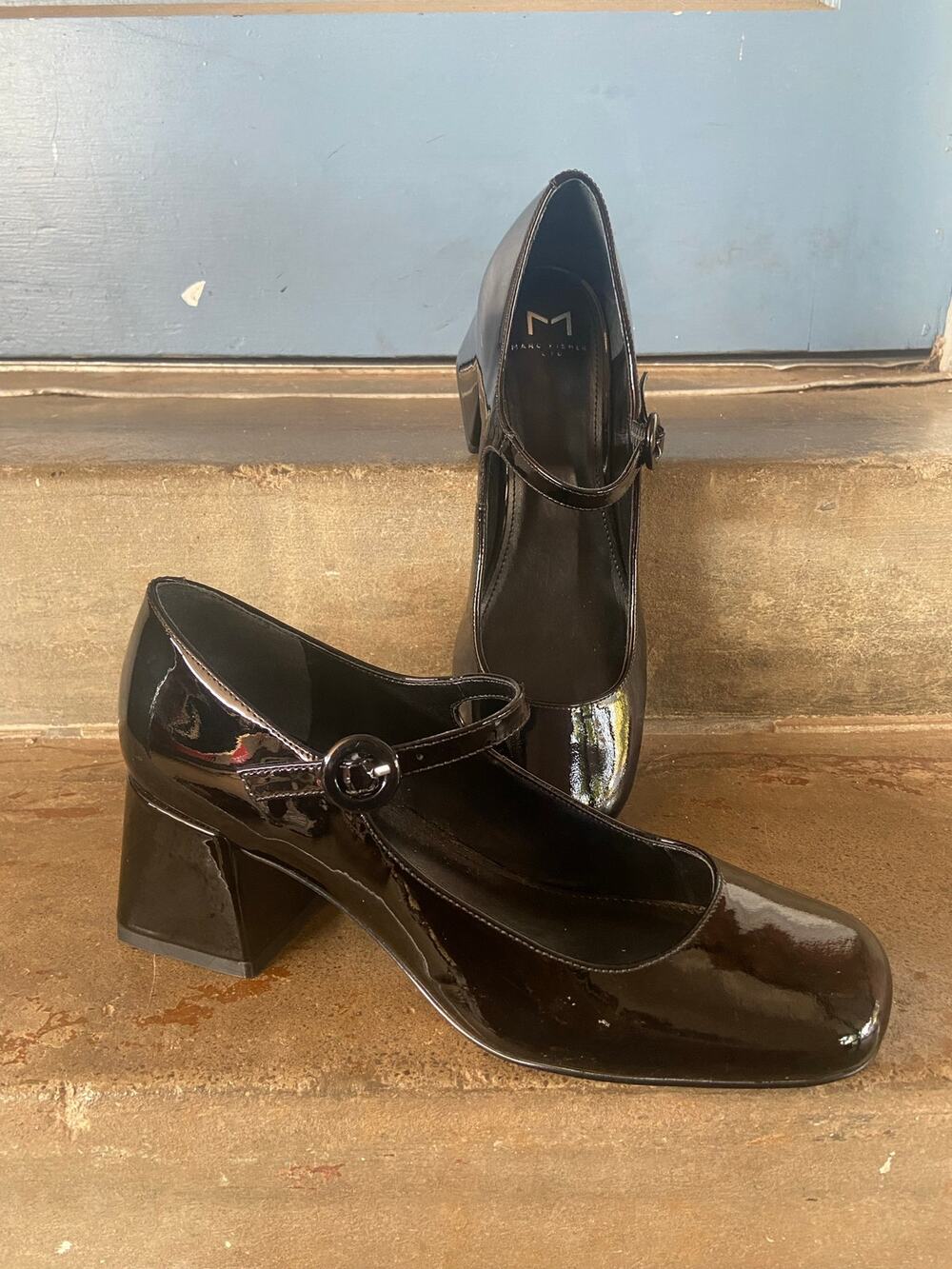 Marc Fisher black patent block heel mary jane style pump